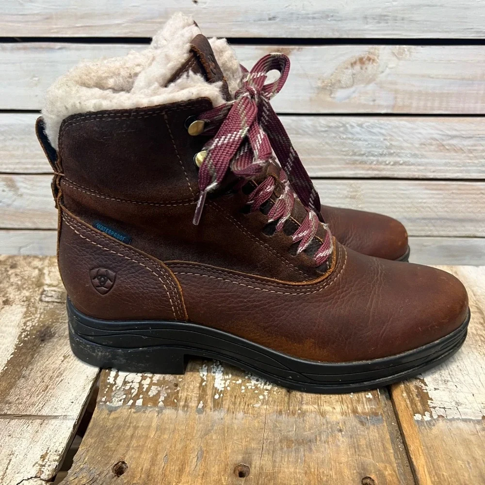 Ariat Brown Leather Harper Waterproof Sherpa Lined Lace Up Boots 8.5B 10038296